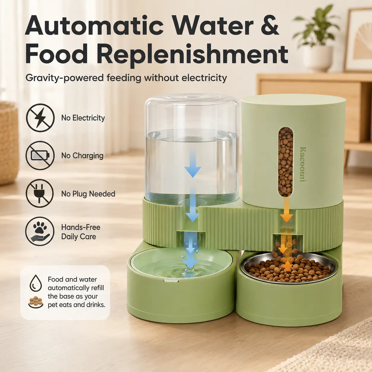 Kacoomi 2-Pack Gravity Pet Feeder and Water Dispenser Set for Cats and Small Dogs, Featuring Large Capacity Stainless Steel Bowls