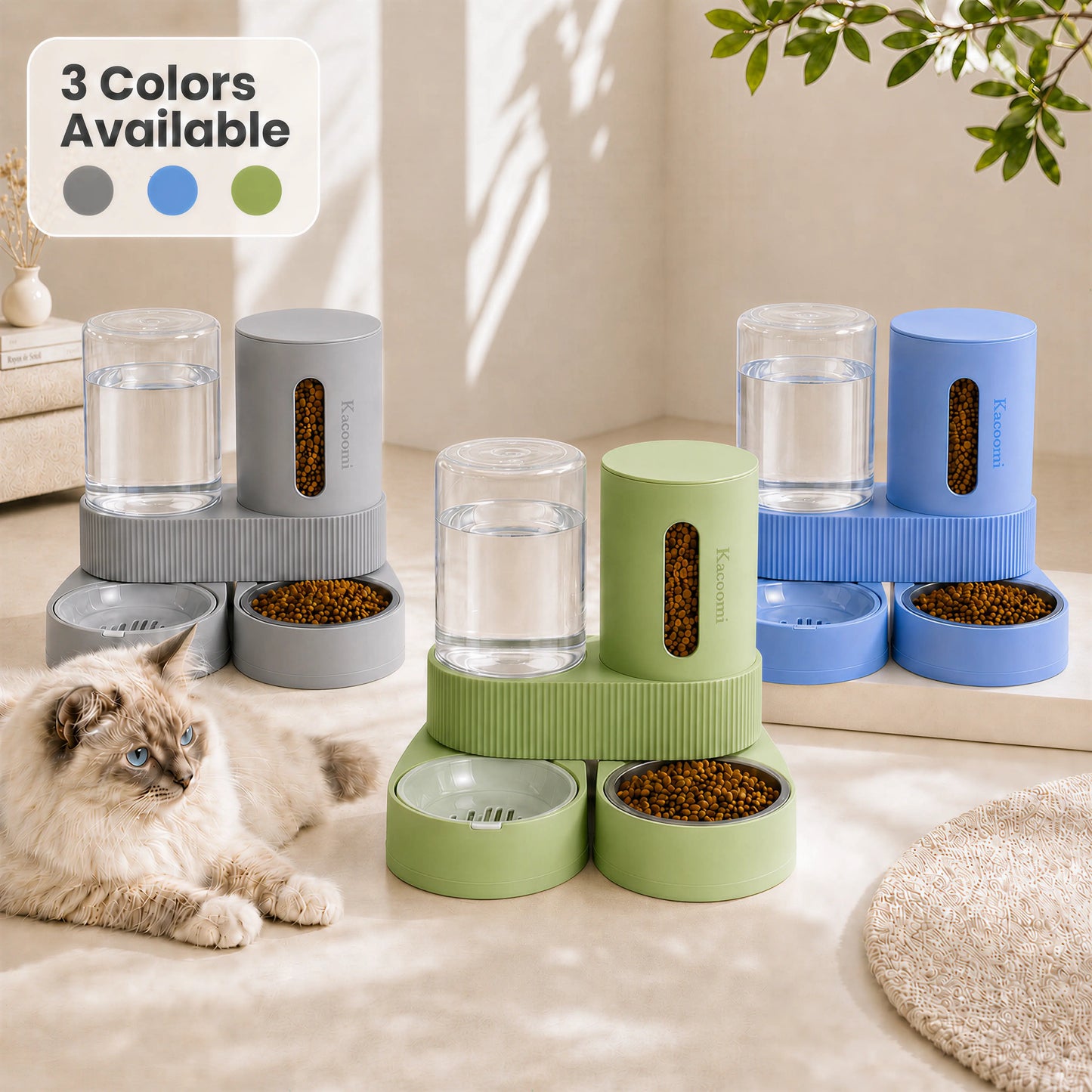 Kacoomi 2-Pack Gravity Pet Feeder and Water Dispenser Set for Cats and Small Dogs, Featuring Large Capacity Stainless Steel Bowls