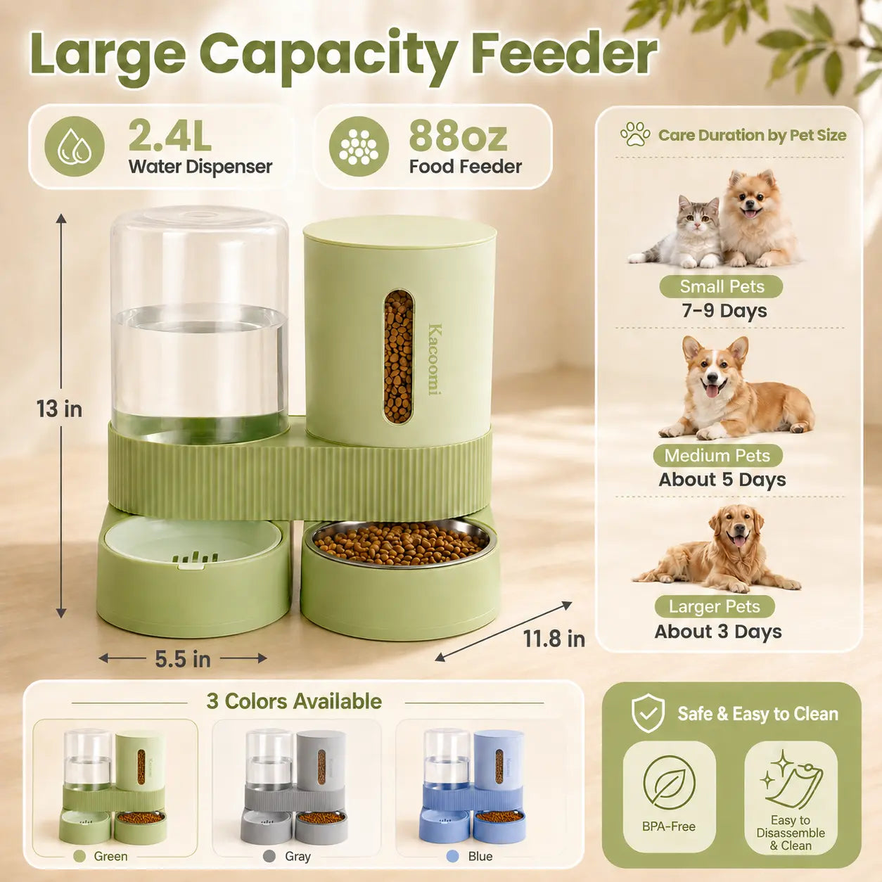 Kacoomi 2-Pack Gravity Pet Feeder and Water Dispenser Set for Cats and Small Dogs, Featuring Large Capacity Stainless Steel Bowls