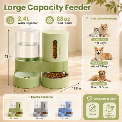 Kacoomi 2-Pack Gravity Pet Feeder and Water Dispenser Set for Cats and Small Dogs, Featuring Large Capacity Stainless Steel Bowls