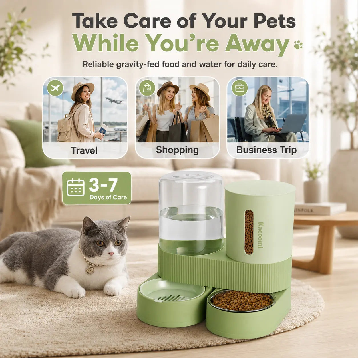 Kacoomi 2-Pack Gravity Pet Feeder and Water Dispenser Set for Cats and Small Dogs, Featuring Large Capacity Stainless Steel Bowls