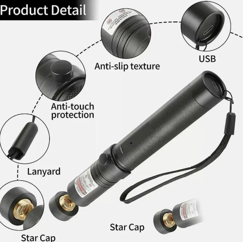 Rechargeable Green Laser Pointer Toy for Cats and Dogs - Long-Distance Flashlight for Presentations and Screen Interaction, Ideal for Office, Outdoor, and Astronomical Use