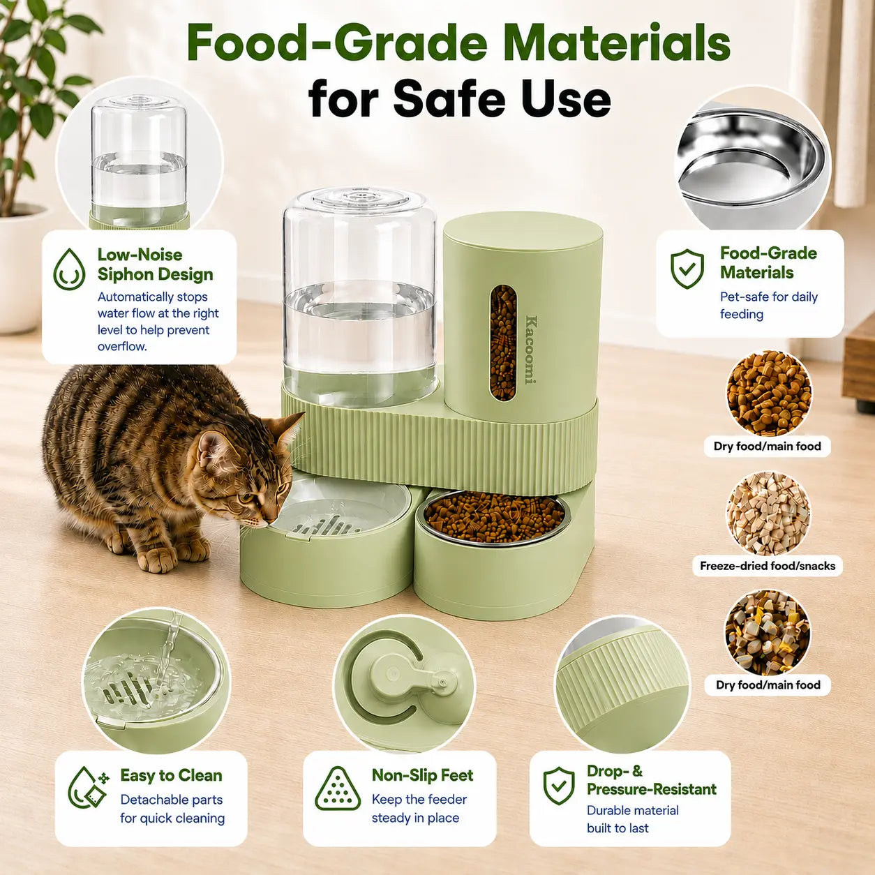 Kacoomi 2-Pack Gravity Pet Feeder and Water Dispenser Set for Cats and Small Dogs, Featuring Large Capacity Stainless Steel Bowls