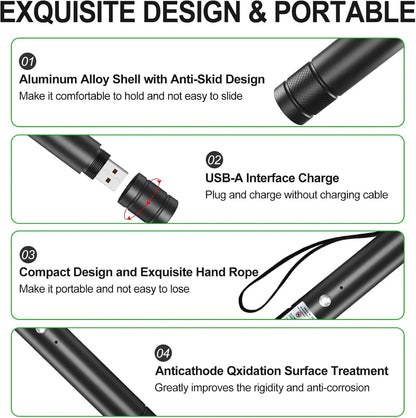 Rechargeable Green Laser Pointer Toy for Cats and Dogs - Long-Distance Flashlight for Presentations and Screen Interaction, Ideal for Office, Outdoor, and Astronomical Use